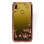 Луксозен силиконов гръб с цветя и камъни за Huawei Y7 2019 Rose Gold