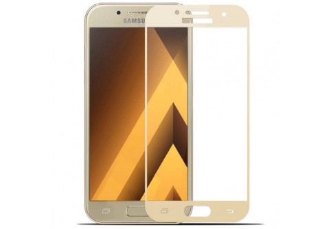 Извит стъклен протектор Full Glue за Samsung Galaxy A3 2017 със златна рамка