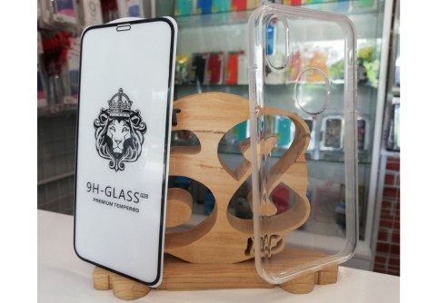 Промо пакет 5D извит стъклен протектор Full Glue + Armor Clear Case за iPhone X/10/XS