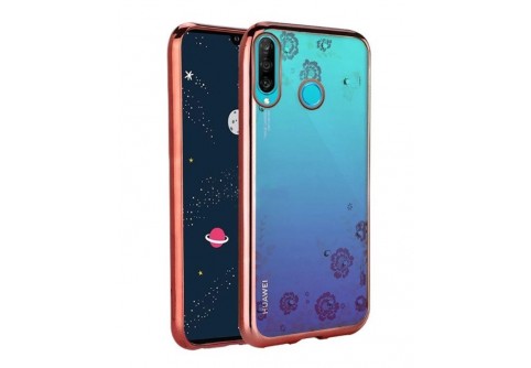 Луксозен силиконов гръб с цветя и камъни за Huawei P30 Lite Rose Gold