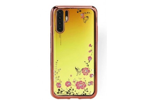 Луксозен силиконов гръб с цветя и камъни за Huawei P30 Pro Rose Gold