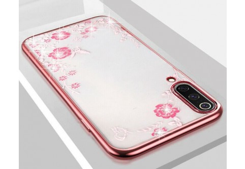 Луксозен силиконов гръб с цветя и камъни за Xiaomi Mi A3 Rose Gold