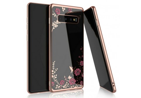 Луксозен силиконов гръб с цветя и камъни за Samsung Galaxy S10 Plus Rose Gold