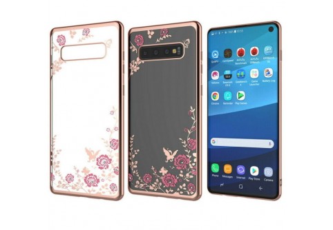 Луксозен силиконов гръб с цветя и камъни за Samsung Galaxy S10E Rose Gold