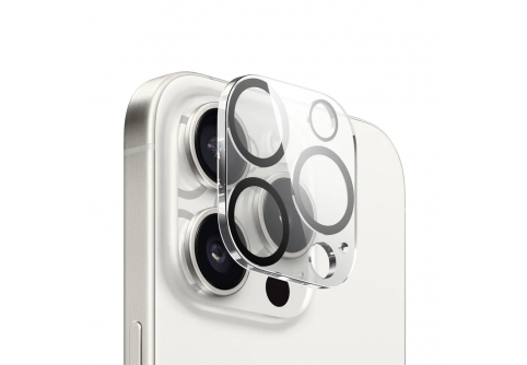 Цялостен стъклен протектор за задна камера за iPhone 15 Pro Max с прозрачна рамка