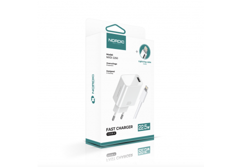 NORDIC 220V 22.5W, 1A + кабел USB-A - Lightning /бял/ - NRDi-2250