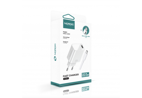 NORDIC 220V 22.5W, 1A + кабел USB-A - Micro /бял/ - NRDi-2250