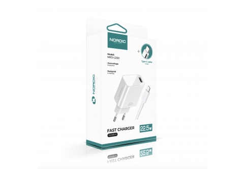 NORDIC 220V 22.5W, 1A + кабел USB-A - Type-C /бял/ - NRDi-2250